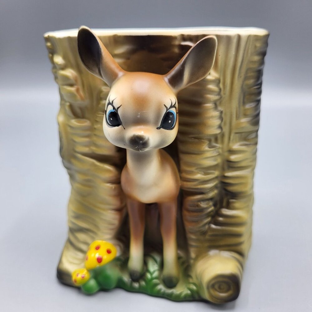 Vintage MCM Bambi Deer Vase Kitchy Planter Deer & Mushrooms Ceramic Table Decor - Picture 15 of 16